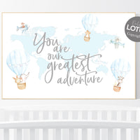 Boy nursery decor, Hot air balloon nursery, Nursery decor blue, you are our greatest adventure, world map, animal nursery, travel themed