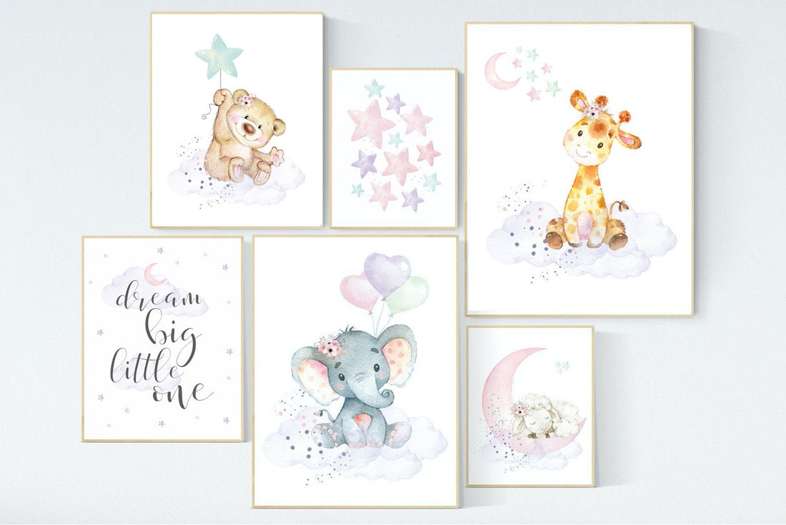 Nursery decor girl animals, nursery prints set, Nursery decor jungle, nursery prints animal, pink nursery art, elephant giraffe sheep bear