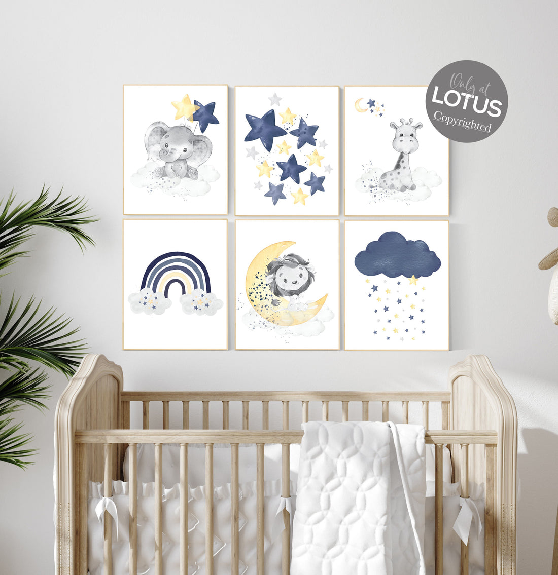 Navy yellow, nursery wall art, Nursery decor, set of 6, yellow and navy blue, moon and stars nursery, baby room wall art, nursery prints