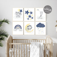 Navy yellow, nursery wall art, Nursery decor, set of 6, yellow and navy blue, moon and stars nursery, baby room wall art, nursery prints