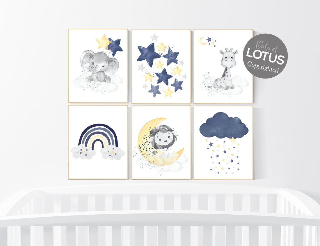 Navy yellow, nursery wall art, Nursery decor, set of 6, yellow and navy blue, moon and stars nursery, baby room wall art, nursery prints