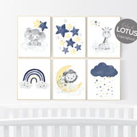 Navy yellow, nursery wall art, Nursery decor, set of 6, yellow and navy blue, moon and stars nursery, baby room wall art, nursery prints