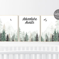 Nursery decor woodland, mountain wall art, tree nursery decor, adventure theme nursery, forest, sage green, beige, woodland animals