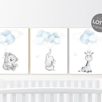 Nursery wall art animals, baby room decor blue gray, baby room decor bear, elephant, giraffe, animal nursery decor, nursery prints