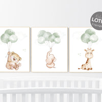 Nursery wall art animals, green nursery, gender neutral nursery, sage green, baby room decor, bear, elephant, giraffe, animal prints
