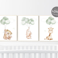 Nursery wall art animals, green nursery, gender neutral nursery, sage green, baby room decor, bear, elephant, giraffe, animal prints