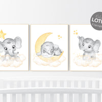 Nursery decor neutral, Yellow nursery, nursery wall art elephant, moon, stars, gender neutral, yellow and gray nursery art, baby room art