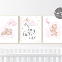 Nursery decor girl, pink and gold, bear nursery, girls room decor, animal nursery, dream big little one, pink gold nursery, girl nursery