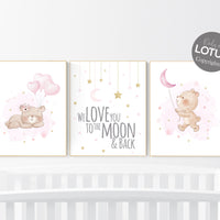 We love you to the moon and back, Bear nursery, Nursery decor girl, pink and gold, girls room decor, animal nursery, pink gold nursery