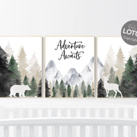 Nursery decor woodland, mountain wall art, tree nursery decor, adventure theme nursery, forest, sage green, beige, woodland animals