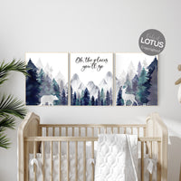 Woodland nursery decor, mountain wall art, tree nursery decor, adventure theme nursery, forest, navy and teal, woodland animals, woodland