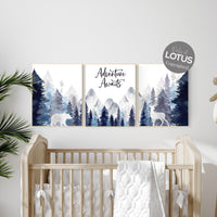Nursery decor woodland, mountain wall art, tree nursery decor, adventure theme nursery, forest, navy and baby blue, woodland animals
