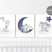 Nursery decor elephant and giraffe, animal nursery prints, navy nursery, navy blue nursery, baby room wall art, woodland animal prints