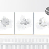 Nursery prints grey, gray gold nursery, nursery decor neutral, baby room decor gender neutral, moon and stars, grey gold, baby room art