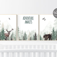 Nursery decor woodland, mountain wall art, tree nursery decor, adventure theme nursery, forest nursery, sage green, woodland animals