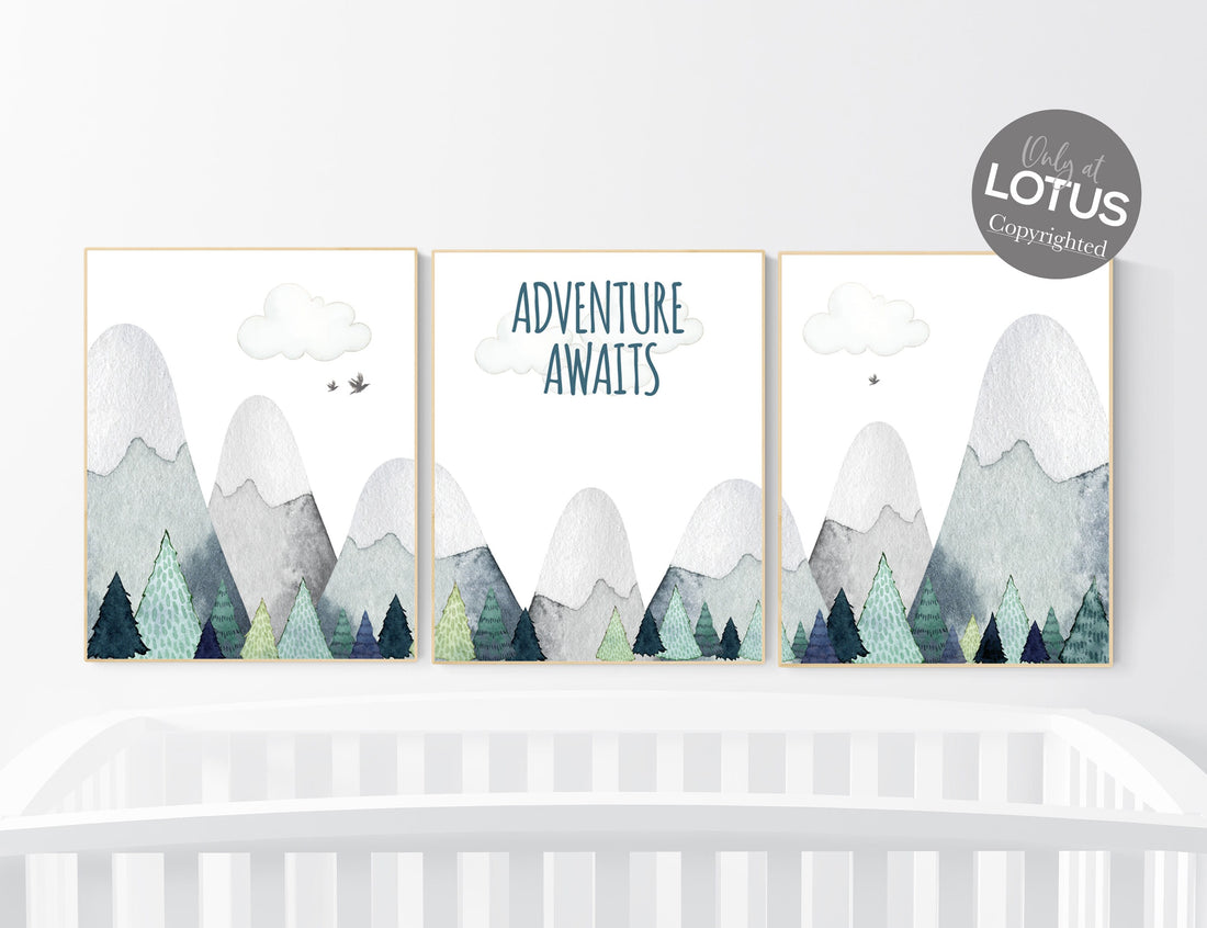 Nursery decor boy mountain, adventure nursery, adventure theme nursery, woodland, gender neutral, adventure awaits, mountains nursery forest