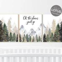 Nursery decor woodland, mountain wall art, tree nursery decor, adventure theme nursery, forest, sage green, beige, woodland animals