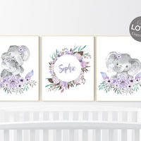 Purple teal nursery, Boho baby room, nursery wall art elephant, nursery decor girl, nursery decor girl floral, lilac nursery decor, lavender