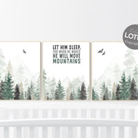 Nursery decor woodland, mountain wall art, tree nursery decor, adventure theme nursery, forest, sage green, beige, woodland animals
