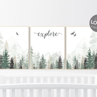 Nursery decor woodland, mountain wall art, tree nursery decor, adventure theme nursery, forest, sage green, beige, woodland animals