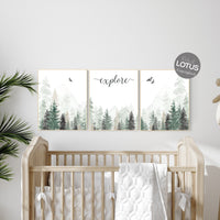 Nursery decor woodland, mountain wall art, tree nursery decor, adventure theme nursery, forest, sage green, beige, woodland animals