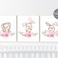 Nursery wall art bunny, pink nursery decor, Nursery decor girl flower bunny, bunny print nursery girl, rabbit nursery, rabbit print nursery