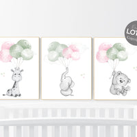 Nursery wall art animals, green nursery, green and pink, sage green, baby room decor, balloon nursery, animal prints