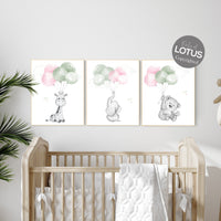 Nursery wall art animals, green nursery, green and pink, sage green, baby room decor, balloon nursery, animal prints