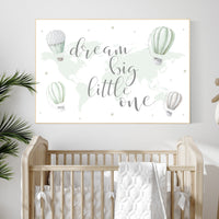 Hot air balloon nursery, sage green nursery, Nursery decor neutral, gender neutral, woodland animals, green nursery, world map nursery decor