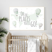 Travel nursery, sage green nursery, hot air balloon, Nursery decor neutral, gender neutral, woodland animals, green nursery, world map