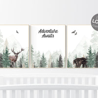 Woodland nursery prints, nursery wall art, forest wall art, green nursery decor, adventure nursery decor, tree nursery prints, adventure