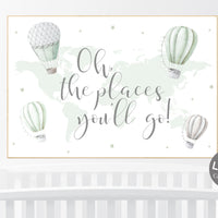 Hot air balloon nursery, sage green nursery, Nursery decor neutral, gender neutral, green nursery, world map, oh the places you'll go