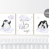 Penguin nursery, purple nursery art, baby room wall art, arctic themed nursery, arctic animals, lilac, lavender, nursery prints girl, art