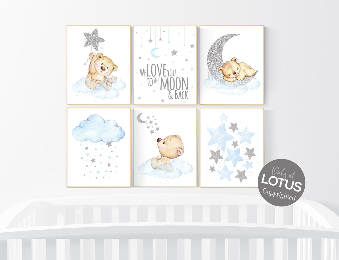 Nursery decor boy bear, boys nursery prints, nursery decor boy ideas, nursery art ideas, baby blue and silver, nursery wall art, blue silver