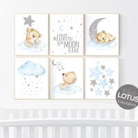 Nursery decor boy bear, boys nursery prints, nursery decor boy ideas, nursery art ideas, baby blue and silver, nursery wall art, blue silver