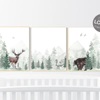 Woodland nursery prints, nursery wall art, forest wall art, green nursery decor, adventure nursery decor, tree nursery prints, woods nursery