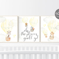 Nursery decor girl yellow, yellow nursery print, nursery wall art animals, hot air balloon nursery art, elephant, giraffe, bear, bunny print