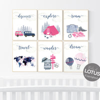 Travel nursery print, Explore nursery wall art, camp nursery, Adventure Set of 6 prints, Camping Prints, navy and pink, woodland nursery
