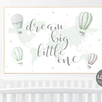 Hot air balloon nursery, sage green nursery, Nursery decor neutral, gender neutral, woodland animals, green nursery, world map nursery decor