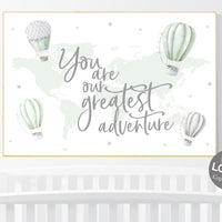 Hot air balloon nursery, sage green nursery, Nursery decor neutral, gender neutral, woodland animals, green nursery, world map nursery decor