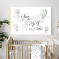 Hot air balloon nursery, sage green nursery, Nursery decor neutral, gender neutral, woodland animals, green nursery, world map nursery decor
