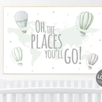 Travel nursery, sage green nursery, hot air balloon, Nursery decor neutral, gender neutral, woodland animals, green nursery, world map