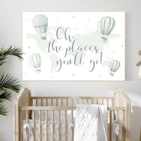 Hot air balloon nursery, sage green nursery, Nursery decor neutral, gender neutral, green nursery, world map, oh the places you'll go