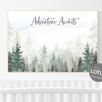 Adventure Awaits, Woodland nursery decor, forest nursery decor, sage green wall art, mountain wall art nursery, adventure nursery prints