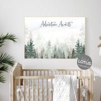 Adventure Awaits, Woodland nursery decor, forest nursery decor, sage green wall art, mountain wall art nursery, adventure nursery prints