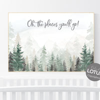 Forest nursery decor, sage green wall art, mountain wall art nursery, adventure nursery, Woodland nursery decor, oh the places you'll go