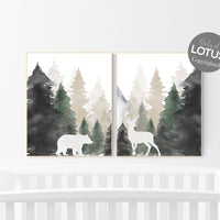 Nursery decor woodland, mountain wall art, tree nursery decor, adventure theme nursery, forest, sage green, beige, woodland animals