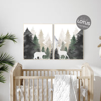 Nursery decor woodland, mountain wall art, tree nursery decor, adventure theme nursery, forest, sage green, beige, woodland animals
