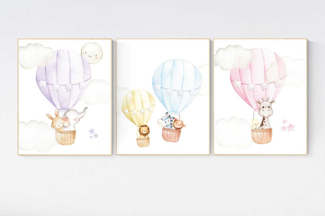 Nursery decor animals, hot air balloon, elephant giraffe, bear, gender neutral, nursery decor twins, animal nursery, balloon nursery