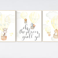 Nursery decor girl yellow, yellow nursery print, nursery wall art animals, hot air balloon nursery art, elephant, giraffe, bear, bunny print